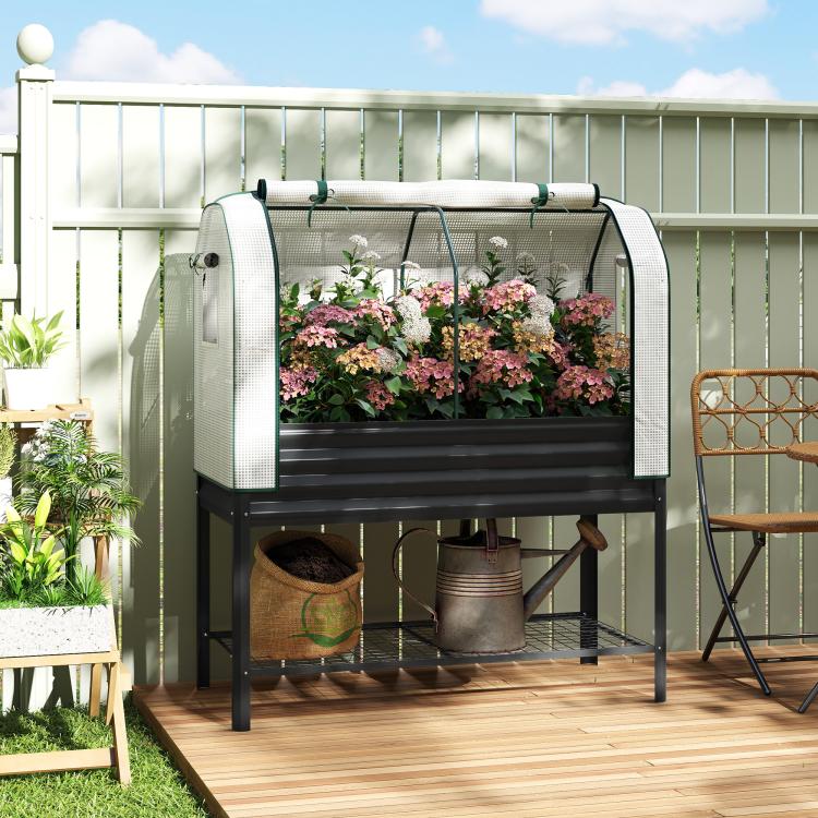 Raised garden bed with greenhouse cover and front windows, black frame with lower shelf
