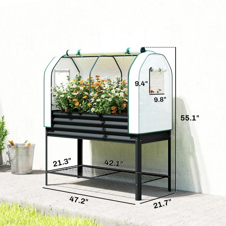 Elevated raised garden bed with white greenhouse cover and black metal frame with lower shelf