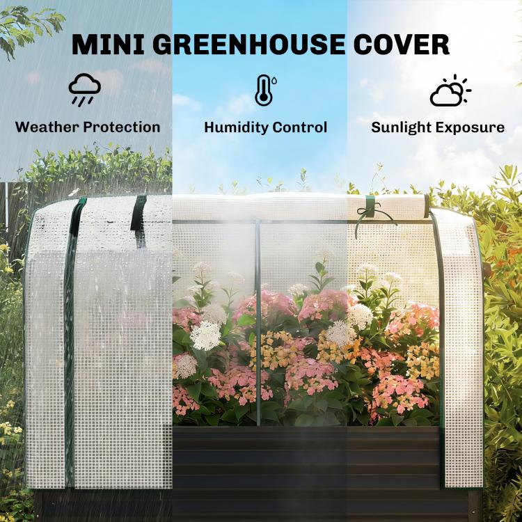 Raised garden bed greenhouse cover with white mesh end panels over flowering plants
