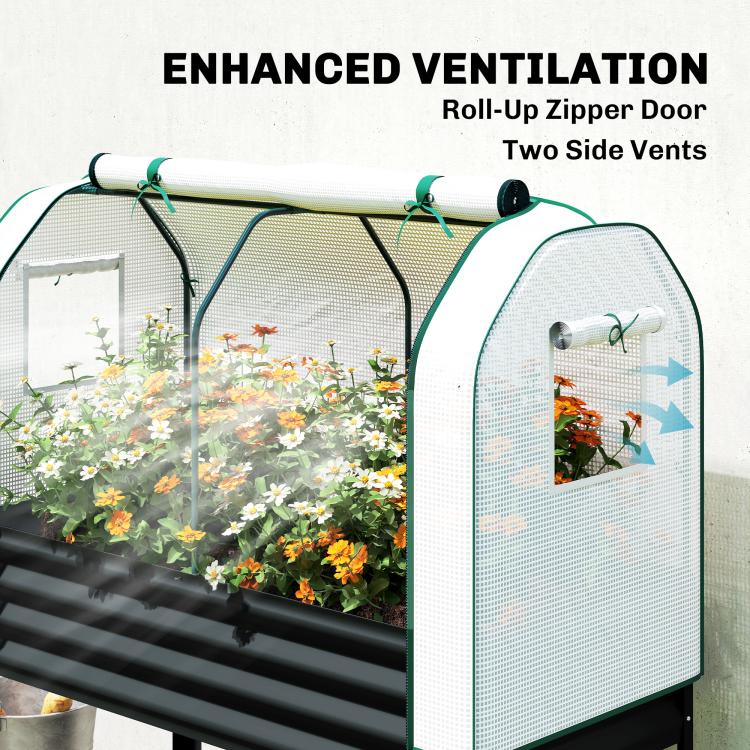 Greenhouse cover end panel with roll-up zip door and side vents on an elevated bed