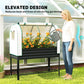 Elevated garden bed with white greenhouse cover; watering can and flowers inside