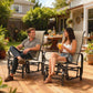 Two khaki mesh glider rocker chairs with dark frames on a patio, occupied