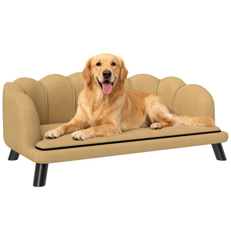 Beige upholstered pet sofa with cushion and black legs, golden retriever lounging