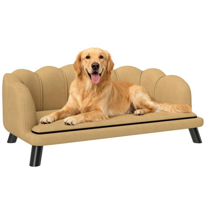 Beige upholstered pet sofa with cushion and black legs, golden retriever lounging