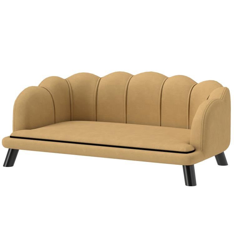 Beige tufted pet sofa with curved back and armrests, black tapered legs