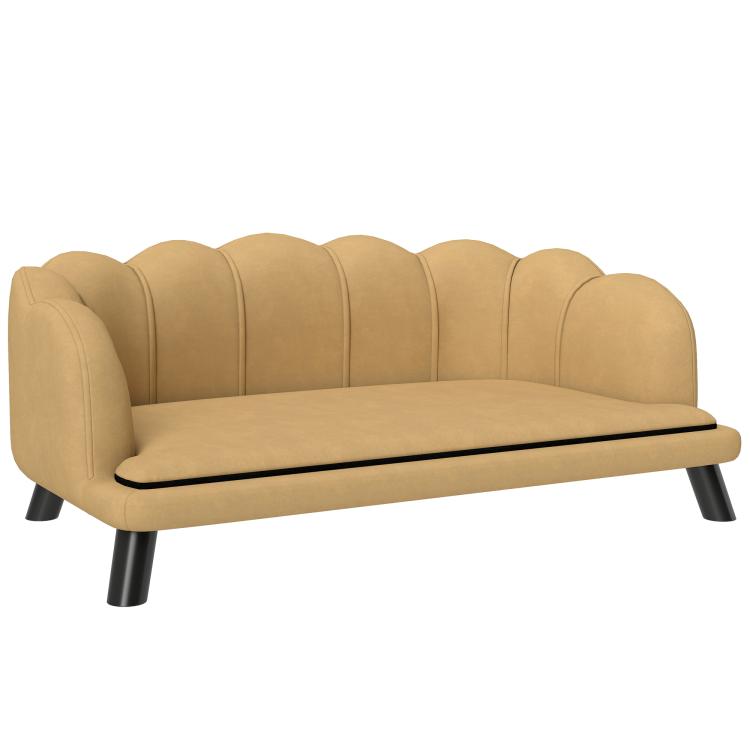 Beige upholstered dog sofa with tufted back, padded seat, and black legs