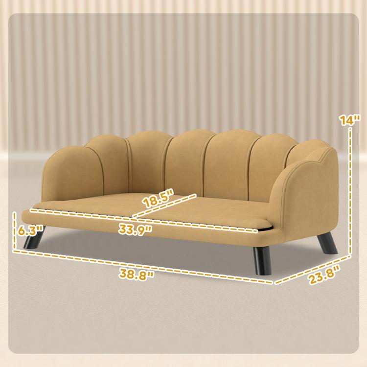 Beige pet sofa dimension diagram with cushion and black legs