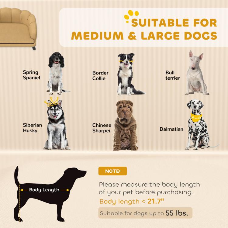 Pet sofa suitability chart showing medium and large dog breed silhouettes