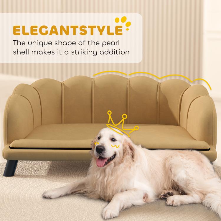 Beige pet sofa design graphic with rounded backrest and piped details