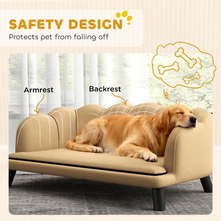 Beige pet sofa safety diagram showing armrests and backrest around dog