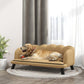 Beige upholstered pet sofa with cushion and black legs, dog lying down