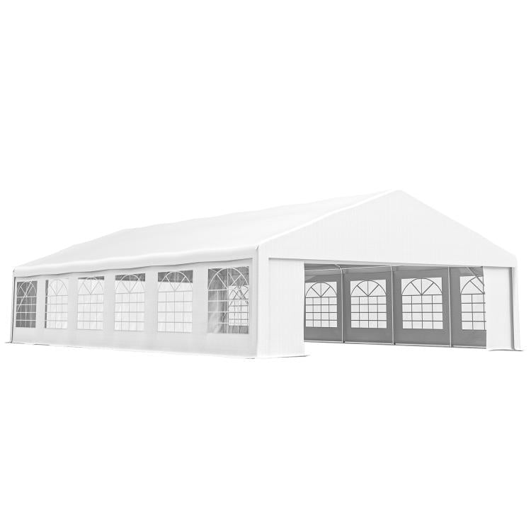 White outdoor carport canopy tent with peaked roof and dark window side panels
