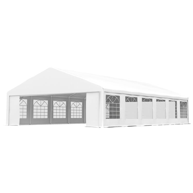 White outdoor carport canopy tent with arched window panels and closed end walls