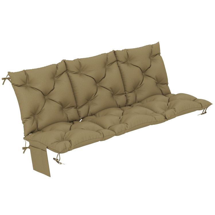 Beige bench swing cushion with backrest, tufted panels and tied corners