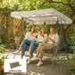 Beige bench swing cushion with backrest, tufted front cushions on patio swing