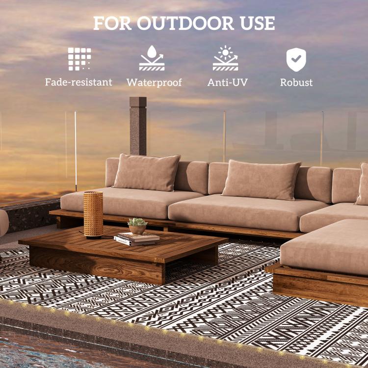 Outdoor rug carpet for patio use with black-and-white geometric pattern