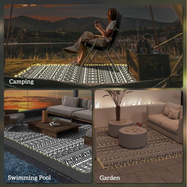 Outdoor camping rug carpet with black-and-white geometric pattern and LED border lights