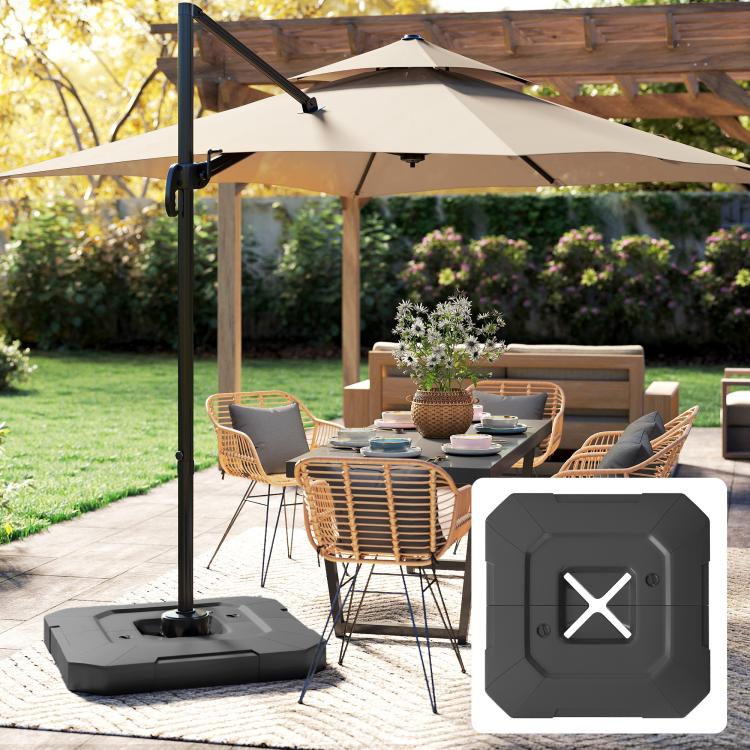 2-piece cantilever umbrella base weight set, black weights on patio near umbrella pole