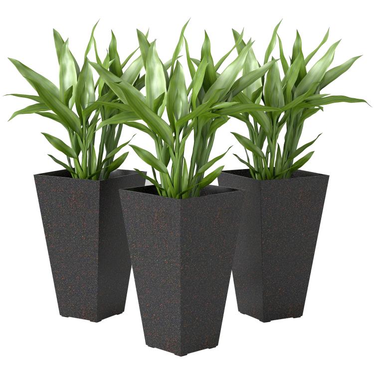 Set of 3 tall tapered planters, dark speckled finish with square drainage-less base