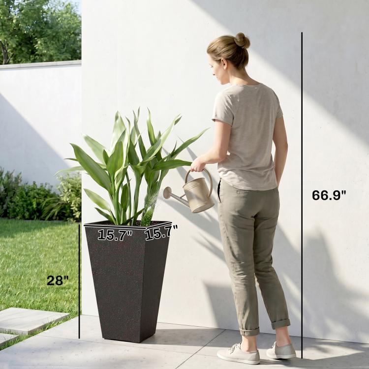 Tall tapered planter in dark speckled finish, shown with size markings and watering can