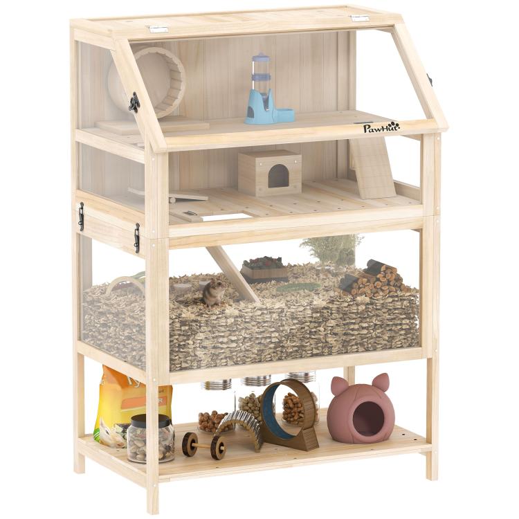 Wooden hamster cage with acrylic viewing window, open front, and upper exercise area