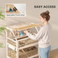 Wooden hamster cage with open front door, ramps and exercise wheel, multi-level interior
