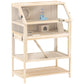 Light wooden hamster cage with shelf levels, indoor hut, and side window view