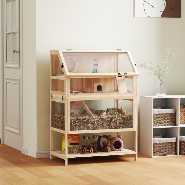 Wooden hamster habitat with multi-tier shelves, ramp support, and side access door