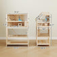 Wooden hamster cage shown with front openings and ramp between shelves