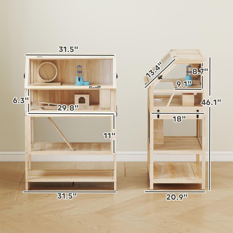 Wooden hamster cage shown with front openings and ramp between shelves