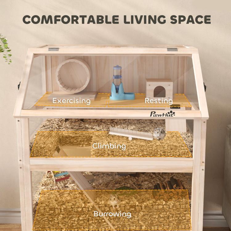 Wooden hamster cage interior with climbing ramp, exercise section, and resting area