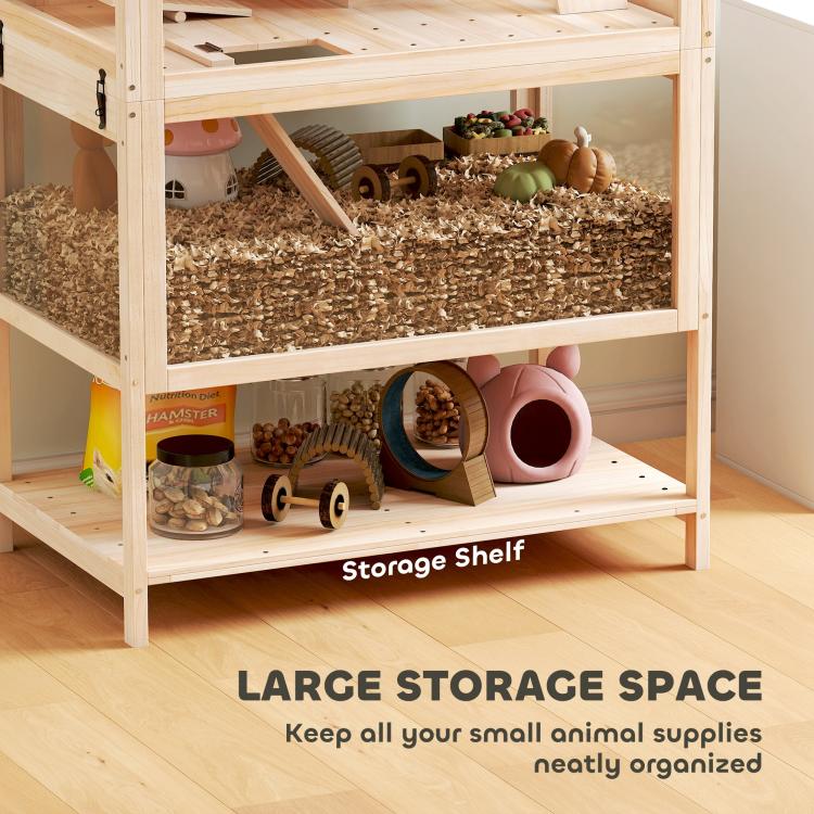 Wooden hamster cage with lower storage shelf and ramp leading to upper levels