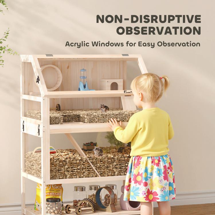 Wooden hamster cage with acrylic windows for easy viewing