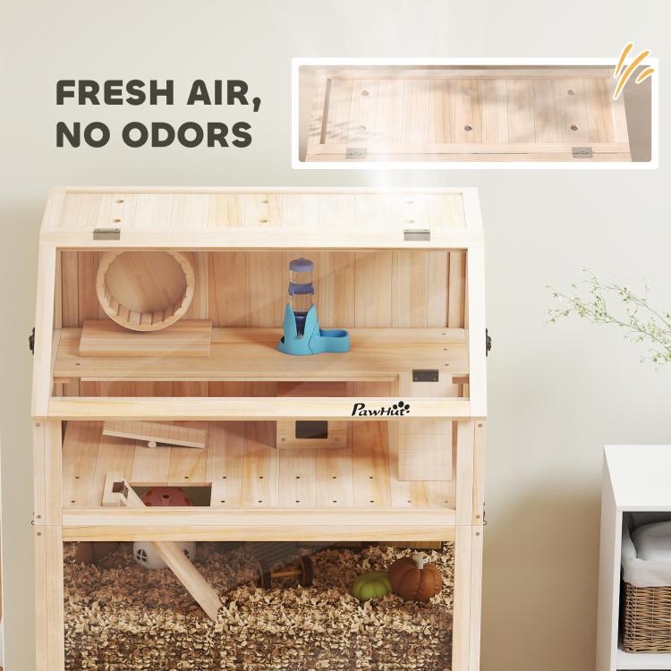 Wooden hamster cage with open front, upper tunnel hide, and divider platform