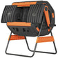Outdoor dual-chamber compost tumbler with side view of open drum and black-orange frame