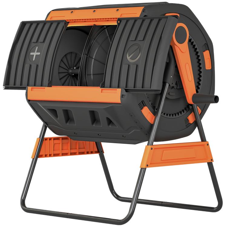 Outdoor dual-chamber compost tumbler with side view of open drum and black-orange frame
