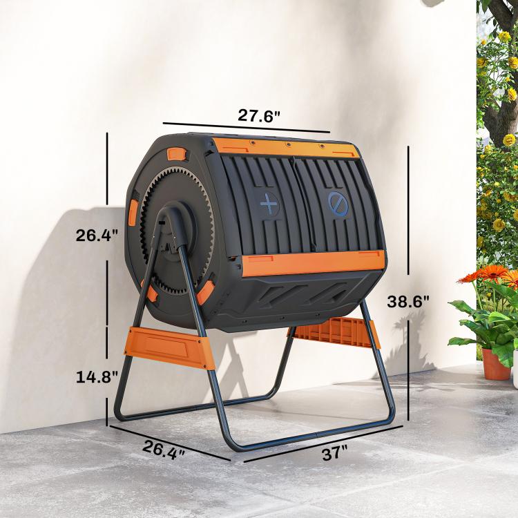 Outdoor compost tumbler bin with stand, showing black drum and orange panels with measurements