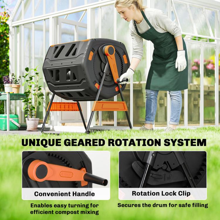 Outdoor compost tumbler with geared rotation handle, black drum and orange stand supports
