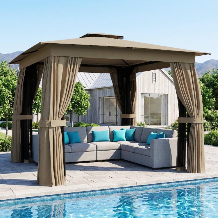 Khaki patio gazebo with soft canopy and hanging curtains, open sides
