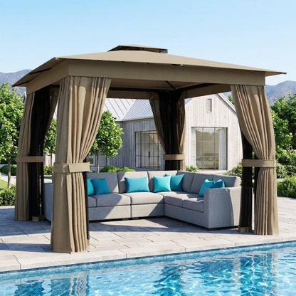 Khaki patio gazebo with soft canopy and hanging curtains, open sides