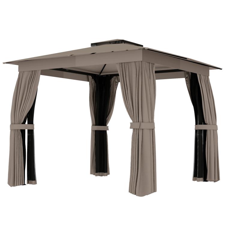 Khaki soft-top gazebo with floor curtains and four posts, open middle