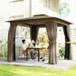 Khaki outdoor gazebo with curtains framing an open entry, patio table set