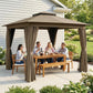 Khaki patio gazebo with curtained sides and seating area under soft canopy