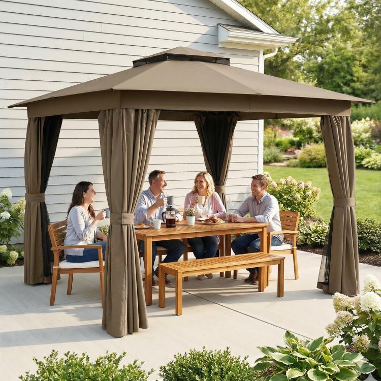 Khaki patio gazebo with curtained sides and seating area under soft canopy