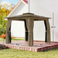 Khaki soft-top gazebo with curtains on open sides, placed on wooden deck