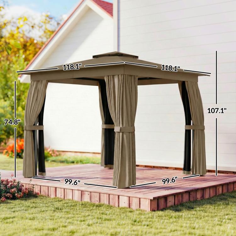 Khaki soft-top gazebo with curtains on open sides, placed on wooden deck
