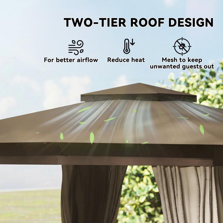 Khaki two-tier soft-top gazebo roof with curtains, open sides