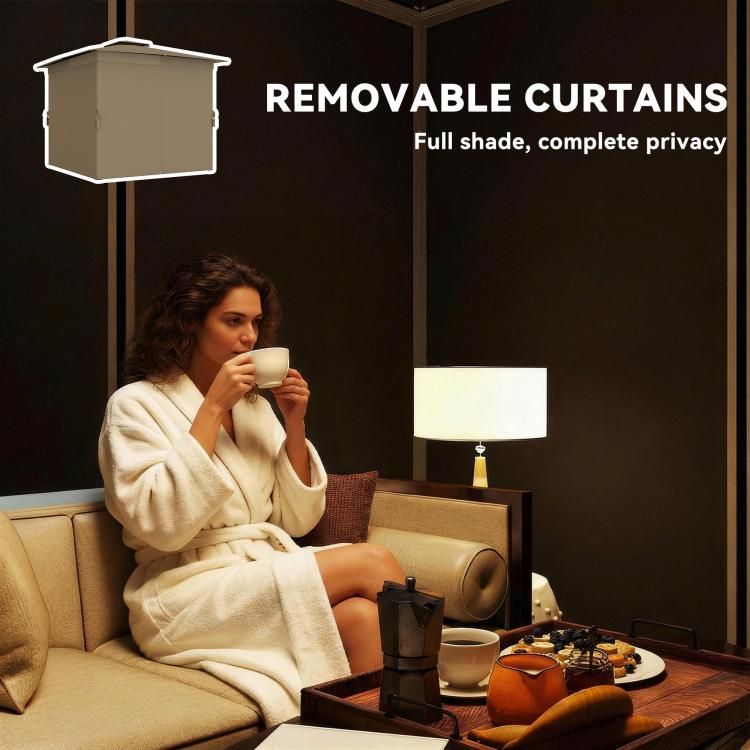 Khaki gazebo with removable-style curtains for added privacy at sides