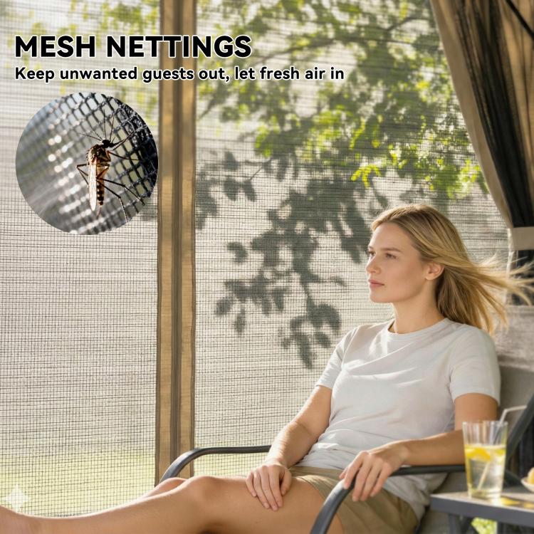 Khaki gazebo with mesh netting panels behind curtains, enclosed side