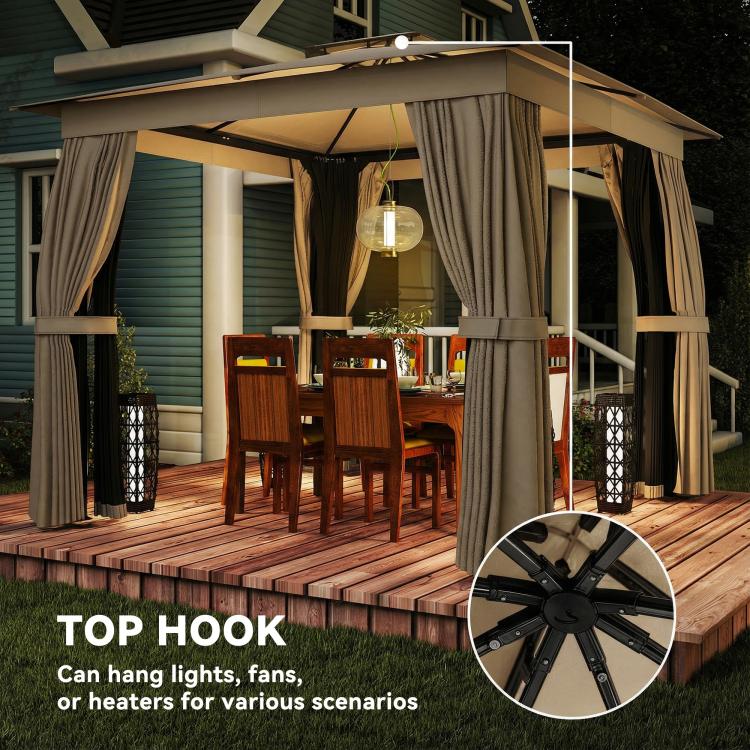 Khaki gazebo with top hook for hanging lights under the soft canopy
